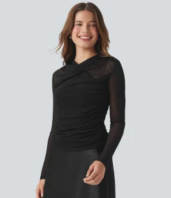 Casual Tops<HALARA Sheer Mesh Crossover V Neck Ruched Casual Top