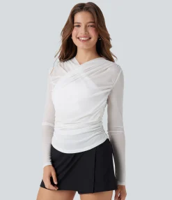 Casual Tops<HALARA Sheer Mesh Crossover V Neck Ruched Casual Top