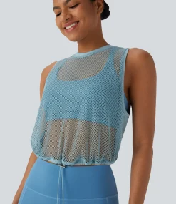 Tank Tops & Camis|Tank Tops<HALARA Sheer Mesh Cut Out Drawstring Hem Running Tank Top