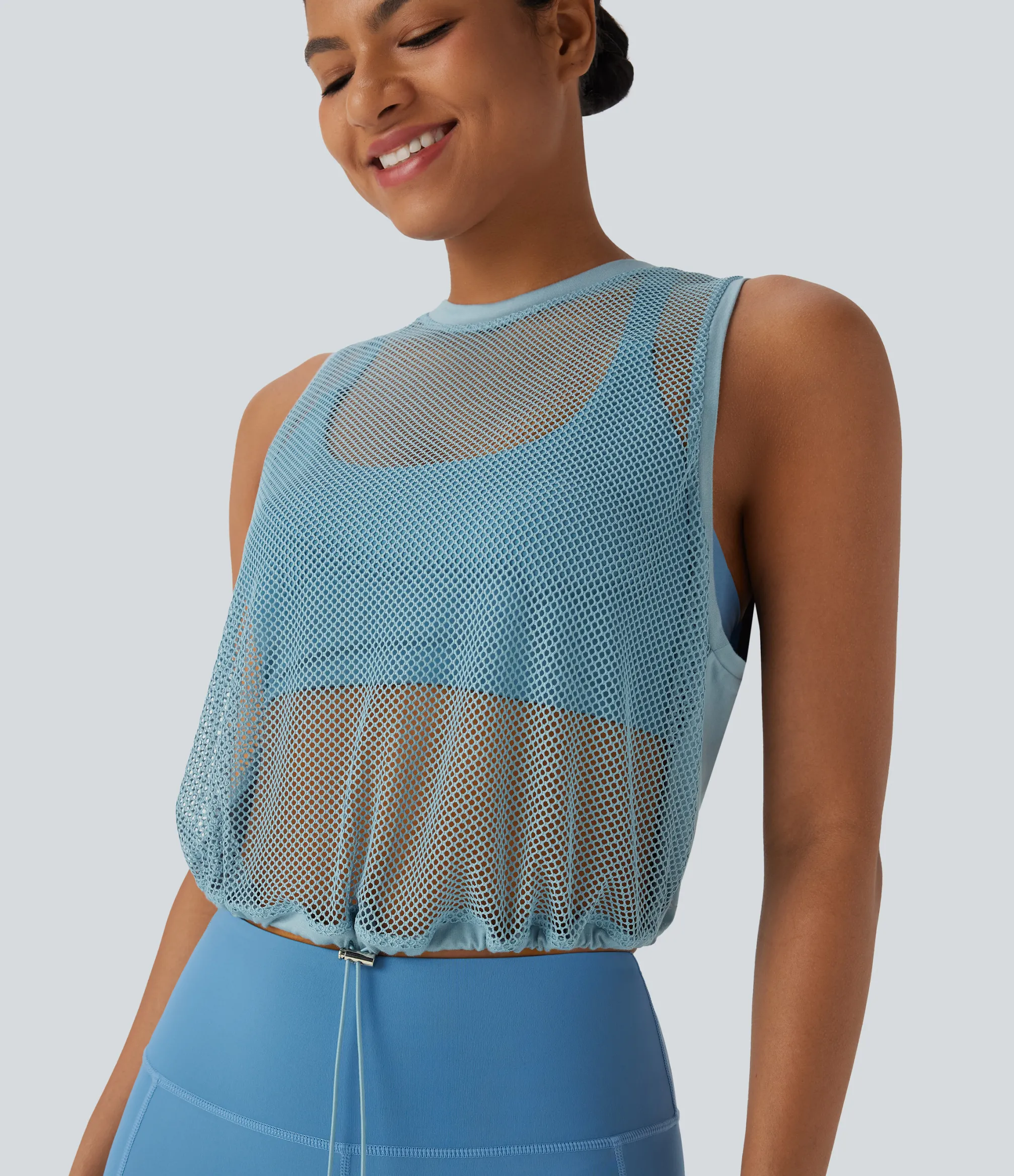 Tank Tops & Camis|Tank Tops<HALARA Sheer Mesh Cut Out Drawstring Hem Running Tank Top