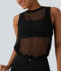 Tank Tops & Camis|Tank Tops<HALARA Sheer Mesh Cut Out Drawstring Hem Running Tank Top