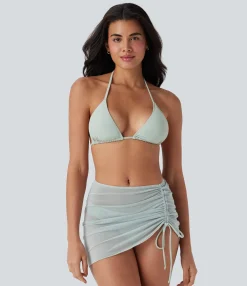 Beachwear<HALARA Sheer Mesh Halter Tie Back Drawstring 3-Piece Bikini Set