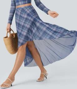 Skirts<HALARA Sheer Mesh High-Waisted High-Low Plaid Maxi Flowy Skirt