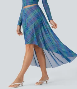 Skirts<HALARA Sheer Mesh High-Waisted High-Low Plaid Maxi Flowy Skirt
