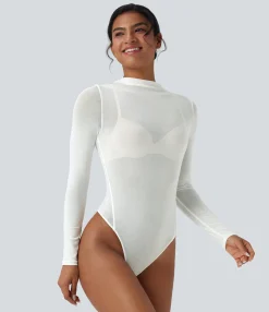 Bodysuits<HALARA Sheer Mesh Mock-neck Snap Casual Bodysuit