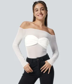 Casual Tops<HALARA Sheer Mesh Off Shoulder Chest Ruched Top White