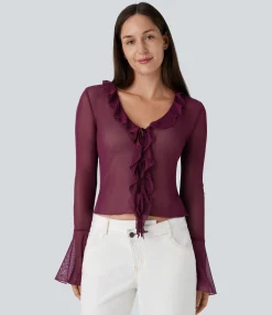 Casual Tops<HALARA Sheer Mesh V Neck Flounce Sleeve Ruffle Tie Front Casual Top