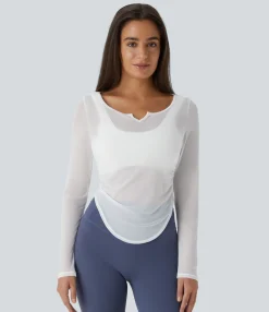 Yoga Tops|Sports Tops<HALARA Sheer Mesh V Notch Long Sleeve Ruched Curved Hem Yoga Sports Top