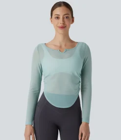 Yoga Tops|Sports Tops<HALARA Sheer Mesh V Notch Long Sleeve Ruched Curved Hem Yoga Sports Top