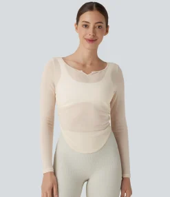 Yoga Tops|Sports Tops<HALARA Sheer Mesh V Notch Long Sleeve Ruched Curved Hem Yoga Sports Top