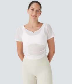 Sports Tops|Sports Tops<HALARA Sheer Mesh V Notch Short Sleeve Ruched Curved Hem Yoga Sports Top