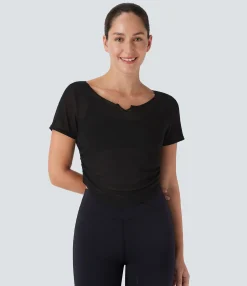 Sports Tops|Sports Tops<HALARA Sheer Mesh V Notch Short Sleeve Ruched Curved Hem Yoga Sports Top