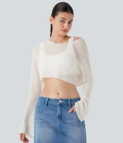 Sweaters<HALARA Sheer Scoop Neck Flounce Sleeve Cropped Casual Sweater
