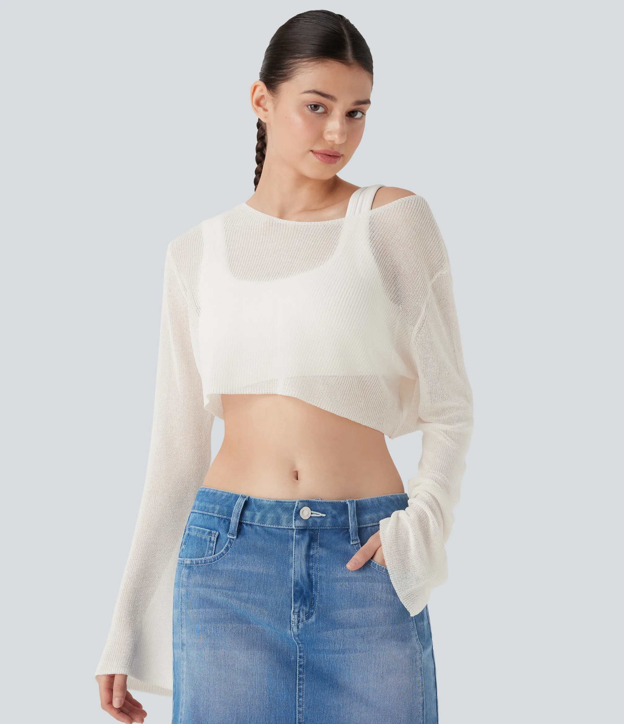 Sweaters<HALARA Sheer Scoop Neck Flounce Sleeve Cropped Casual Sweater