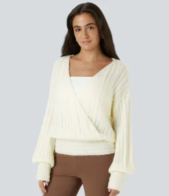 Sweaters<HALARA Sheer V Neck Long Sleeve Work Sweater-Front and Back Wearable