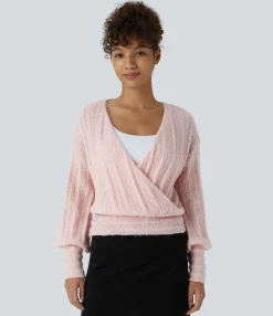 Sweaters<HALARA Sheer V Neck Long Sleeve Work Sweater-Front and Back Wearable