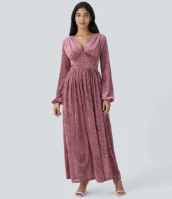 Dresses|Maxi & Midi Dresses<HALARA Sheer V Neck Long Sleeve Velvet Maxi Dress