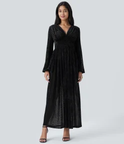Dresses|Maxi & Midi Dresses<HALARA Sheer V Neck Long Sleeve Velvet Maxi Dress