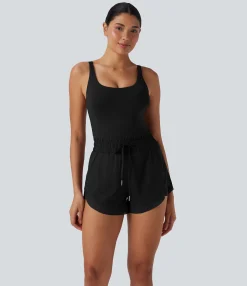 Jumpsuits<HALARA Shirred Drawstring 2-in-1 Running Romper with Pockets