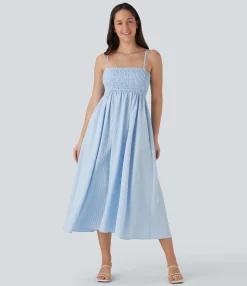 Maxi & Midi Dresses|Dresses<HALARA Shirred Stripe Midi Slip Dress with Pockets