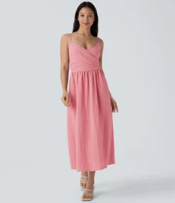 Dresses|Maxi & Midi Dresses<HALARA Shirred Tie Pocket Flowy Midi Casual Linen-Feel Dress-Front and Back Wearable
