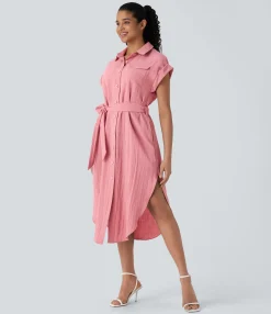 Dresses|Maxi & Midi Dresses<HALARA Short Sleeve Belted Pockets Curved Hem Midi Work Linen-Feel Dress