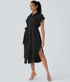 Dresses|Maxi & Midi Dresses<HALARA Short Sleeve Belted Pockets Curved Hem Midi Work Linen-Feel Dress