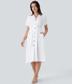 Dresses|Maxi & Midi Dresses<HALARA Short Sleeve Pocket Belted Midi Casual Linen-Feel Dress