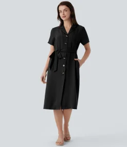 Dresses|Maxi & Midi Dresses<HALARA Short Sleeve Pocket Belted Midi Casual Linen-Feel Dress