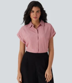 Work Tops|Shirts Blouses<HALARA Short Sleeve Stripe Work Linen-Feel Shirt