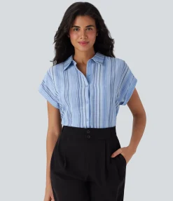 Work Tops|Shirts Blouses<HALARA Short Sleeve Stripe Work Linen-Feel Shirt