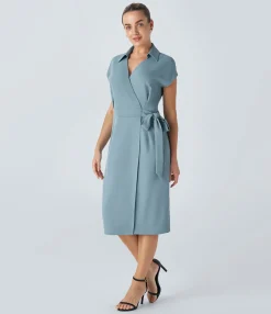 Maxi & Midi Dresses|Dresses<HALARA Short Sleeve Wrapped Tie Side Midi Work Shirt Dress Forget-Me-Not