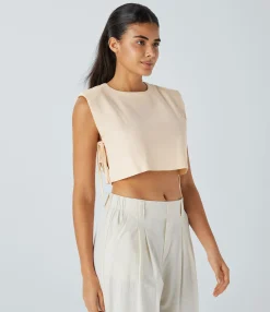 Tank Tops & Camis|Jackets & Outerwear<HALARA Shoulder Pads Keyhole Back Tie Side Cropped Linen-Blend Vest