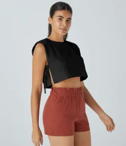Tank Tops & Camis|Jackets & Outerwear<HALARA Shoulder Pads Keyhole Back Tie Side Cropped Linen-Blend Vest