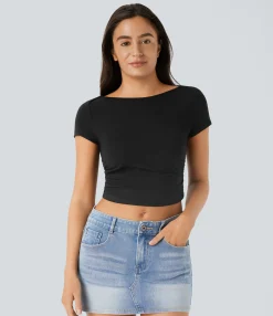 Casual Tops<HALARA Slash Neck Short Sleeve Ruched Cropped Casual Baby Tee