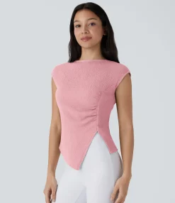 Casual Tops<HALARA Slash Neck Short Sleeve Ruched Asymmetric Hem Casual Top