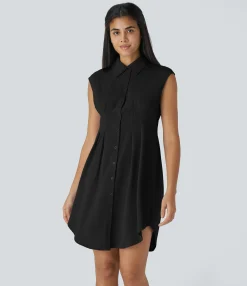 Dresses|Mini Dresses<HALARA Sleeveless Curved Hem Mini Work Shirt Dress