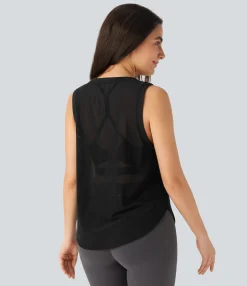 Sports Tops|Sports Tops<HALARA Sleeveless Curved Hem Sheer Yoga Sports Top