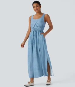 Maxi & Midi Dresses|Dresses<HALARA Sleeveless Drawstring Maxi Casual Dress with Pockets