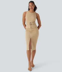 Maxi & Midi Dresses|Dresses<HALARA Sleeveless Keyhole-Back Belted Midi Work Dress