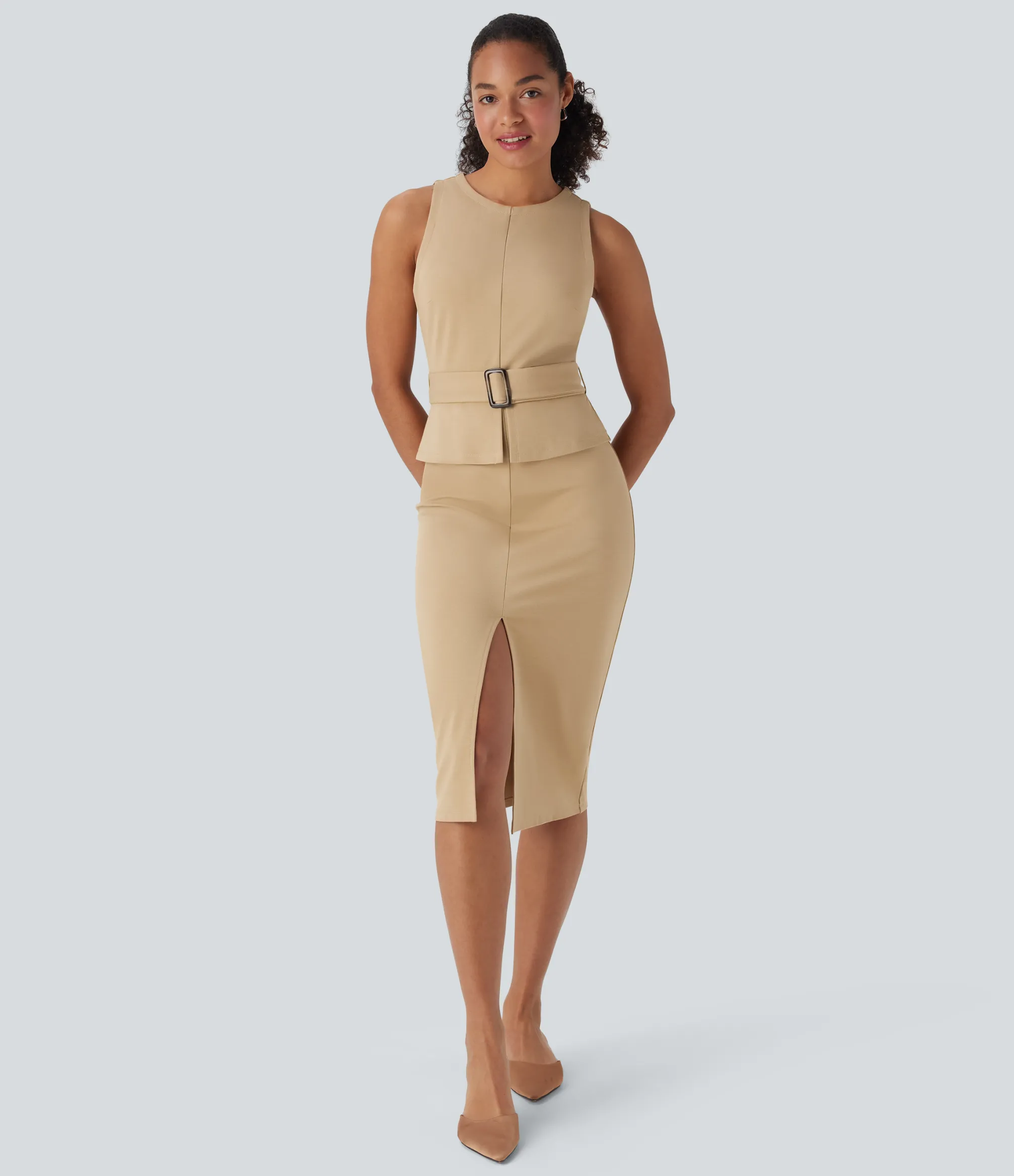 Maxi & Midi Dresses|Dresses<HALARA Sleeveless Keyhole-Back Belted Midi Work Dress