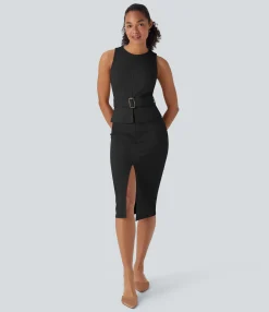 Maxi & Midi Dresses|Dresses<HALARA Sleeveless Keyhole-Back Belted Midi Work Dress