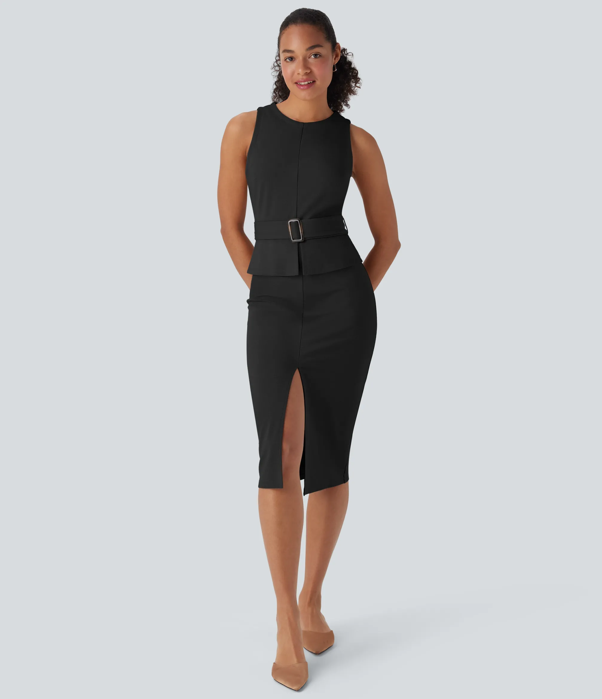 Maxi & Midi Dresses|Dresses<HALARA Sleeveless Keyhole-Back Belted Midi Work Dress