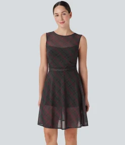 Mini Dresses|Dresses<HALARA Sleeveless Plaid Contrast Mesh 2-in-1 Mini Casual Dress with Pocket