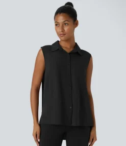 Work Tops|Shirts Blouses<HALARA Sleeveless Pocket High Low Hem Work Shirt