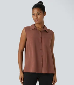 Work Tops|Shirts Blouses<HALARA Sleeveless Pocket High Low Hem Work Shirt