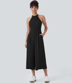 Jumpsuits<HALARA Sleeveless Pockets Crossover Hem Capri Wide Leg Waffle Knit Casual Jumpsuit