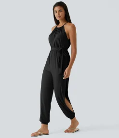 Jumpsuits<HALARA Sleeveless Tie Back Belted Pocket Cut Out Cool Touch Jumpsuit-UPF50+