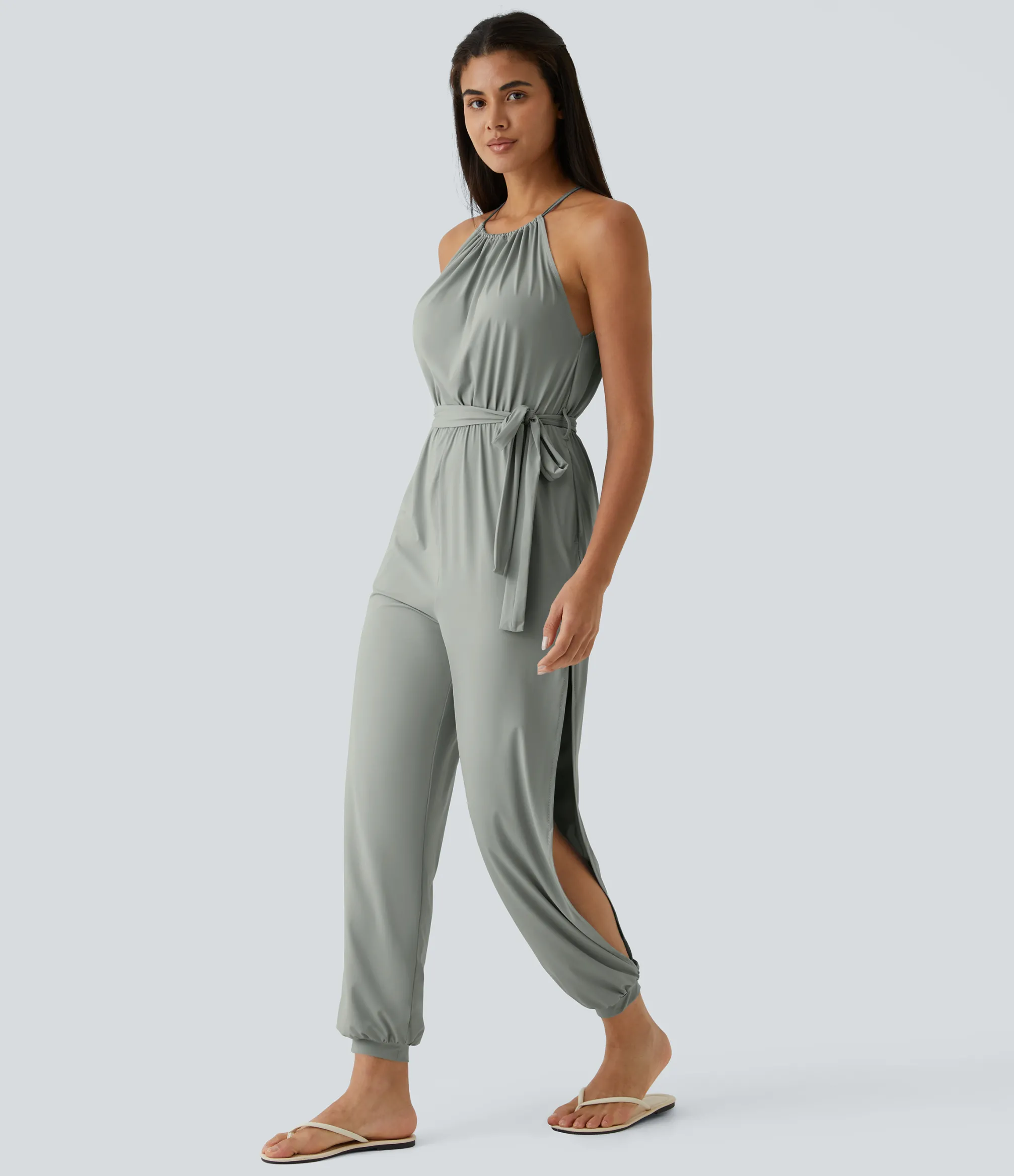 Jumpsuits<HALARA Sleeveless Tie Back Belted Pocket Cut Out Cool Touch Jumpsuit-UPF50+