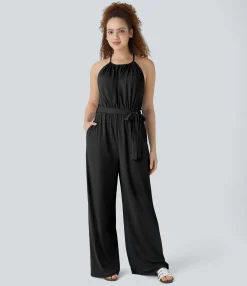 Jumpsuits<HALARA Sleeveless Tie Back Belted Pocket Wide Leg Cool Touch Jumpsuit-UPF50+